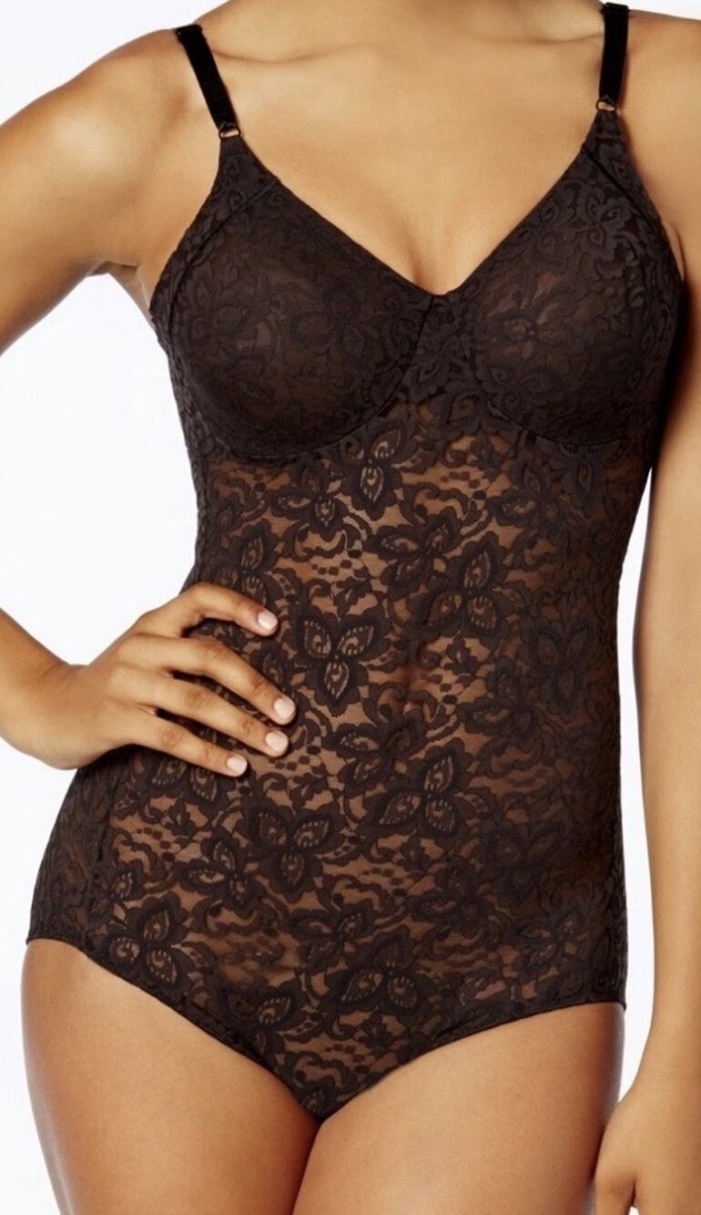 34C BALI Lace 'N Smooth Firm-Control Sheer Lace Black Body Shaper 8L10 $60 NEW